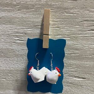 New White Resin Rooster Hanging Earrings